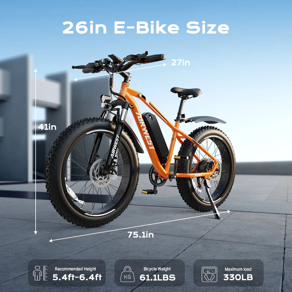 AIRWEST X26T Adult Electric Bike，Peak Power Motor 750W ，26"x4 Fat Tire，48V 13Ah Battery，25MPH，E-bike UL 2849, 1 Year Warranty