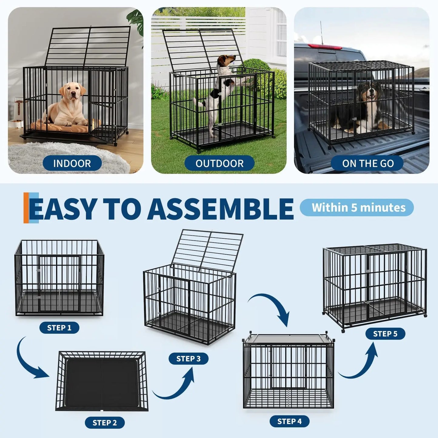 36/42/48 Inch Heavy Duty Stainless Steel Dog Crate Escape Proof Indestructible Dog Kennel  With Wheels & Removable Tray
