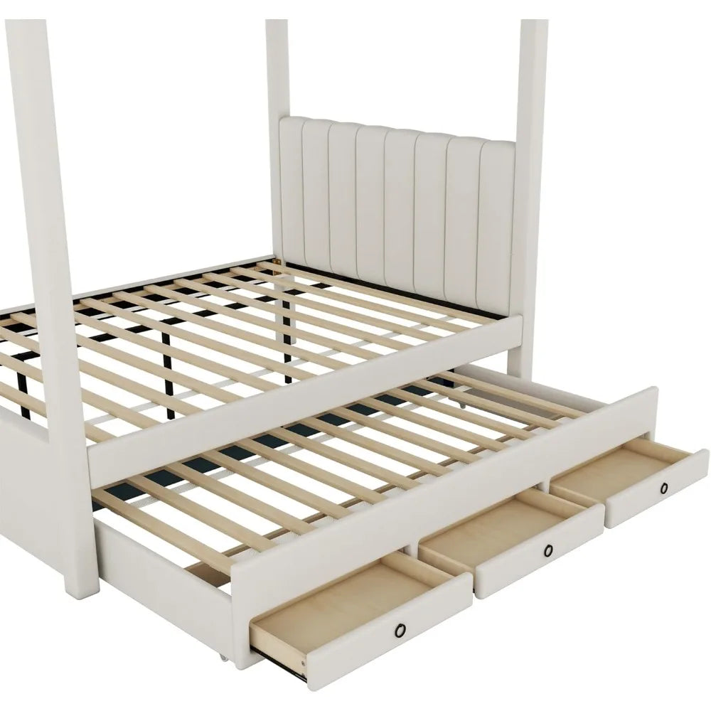 Full Size Linen-Upholstered Canopy Bed with Trundle and Storage Drawers, Wooden Platform Frame