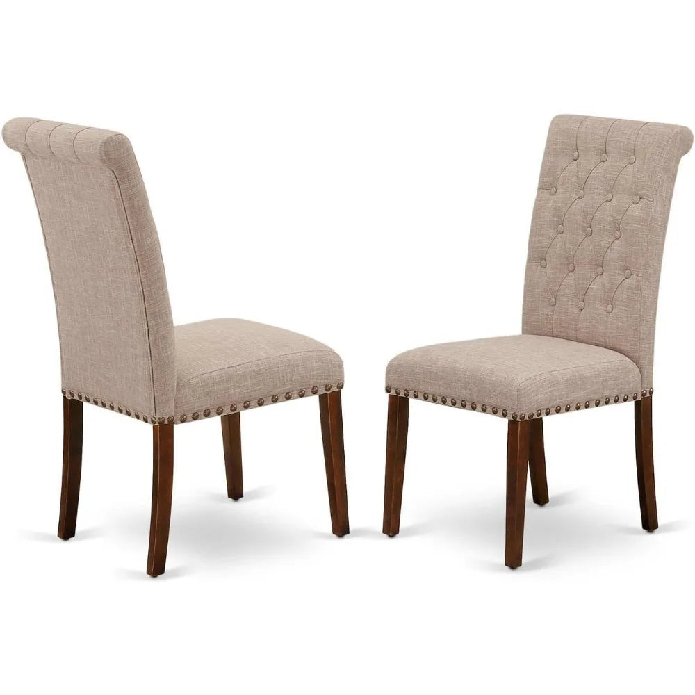 DLBR5-MAH-04 5 Piece Dining Room Furniture Set Includes a Round Dining Table with Dropleaf and 4 Light Tan Linen Fabric Upholst