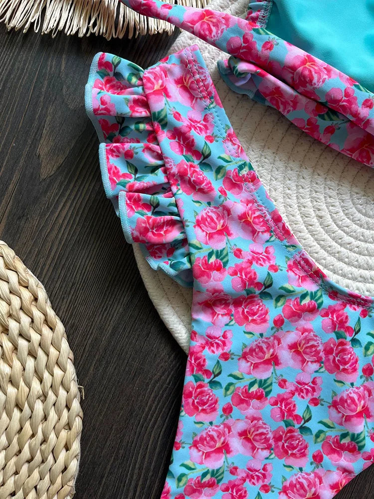 Sexy Print Strapless Bikinis 2 Piece Set Women Split Swimsuit High Waist Backless Laced Up Bikinis 2025 New Summer Bikinis Set