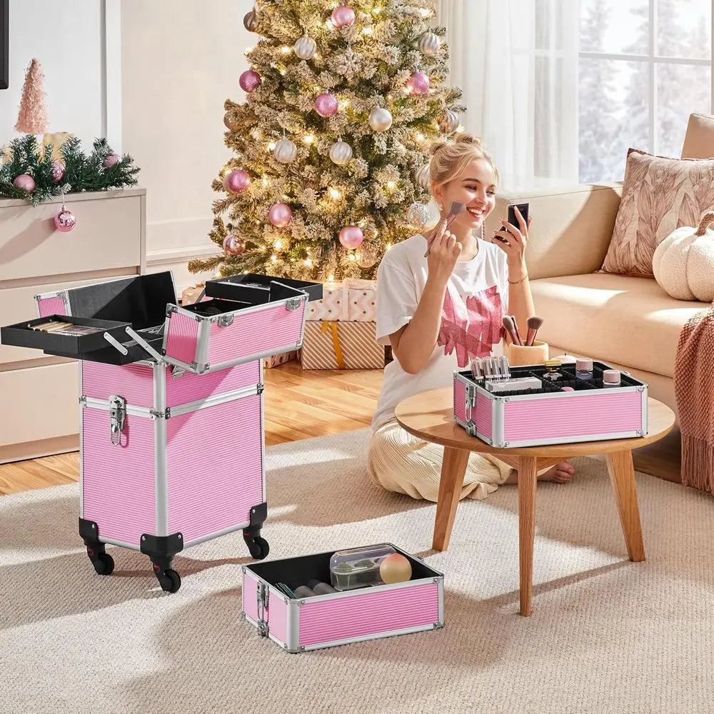 Portable Rolling Makeup Train Case with 4 Wheels, Detachable, Pink, Professional Organizer for Travel