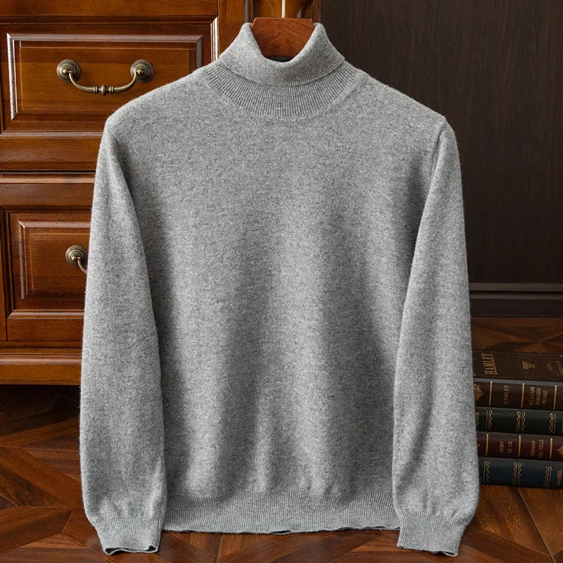 Men 100% Merino Wool Sweater Turtleneck Knitted Pullover Cashmere Warm Solid Color Clothes Business Bottoming Tops Autumn Winter