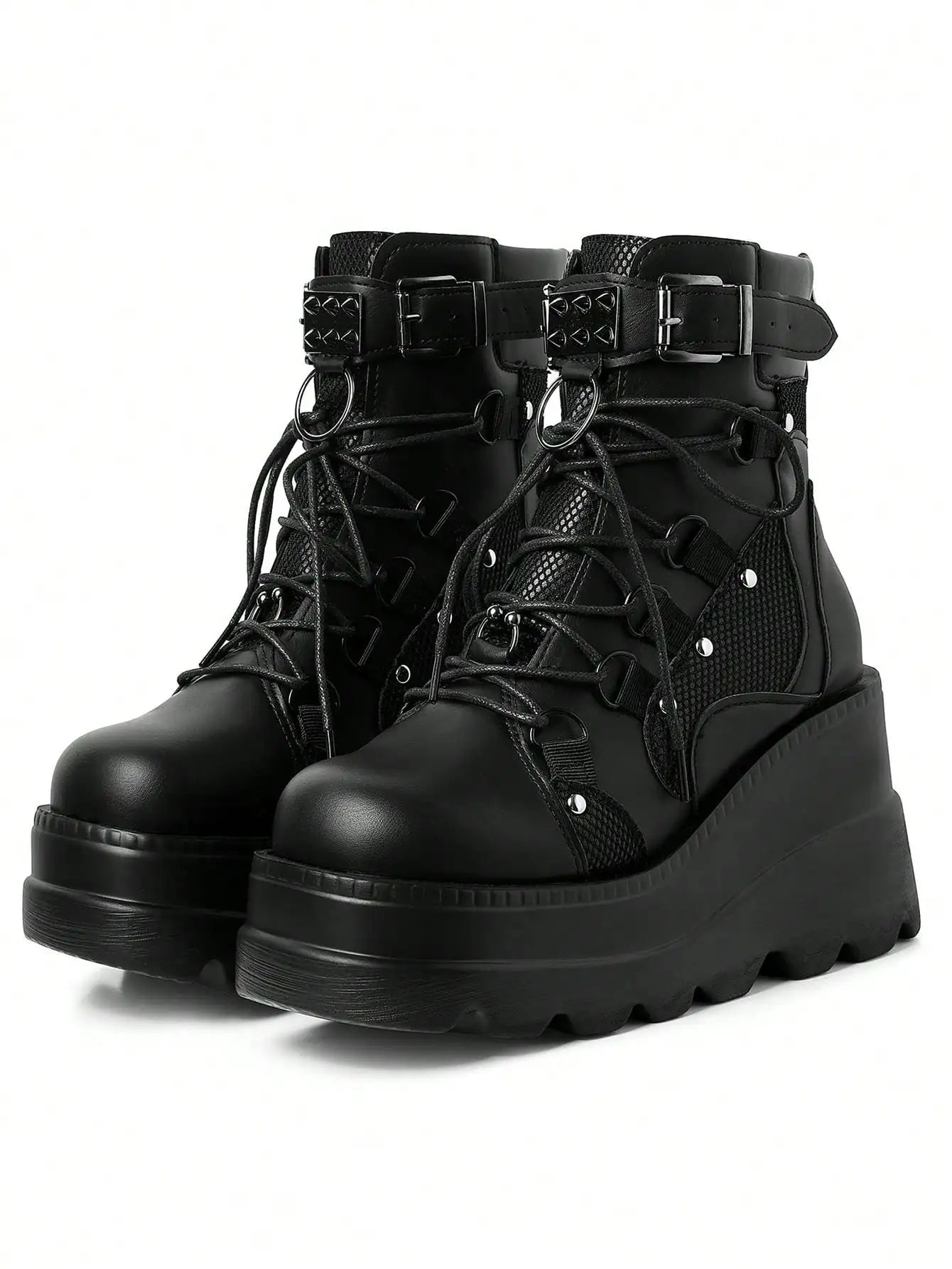 Gothic Platform Combat Boots Wedge Heel Lace Up Ankle Motorcycle Goth Rivet Buckle Fashion Women Booties Shoes