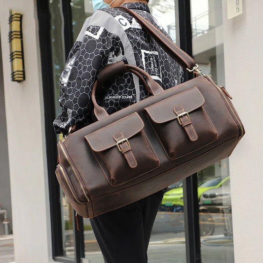 Top Quality Mens Leather Travel Bag Man Male Duffle Bag For Suits Foldable Weekend Bag Suit Bags Crazy Horse Leather Men Handbag