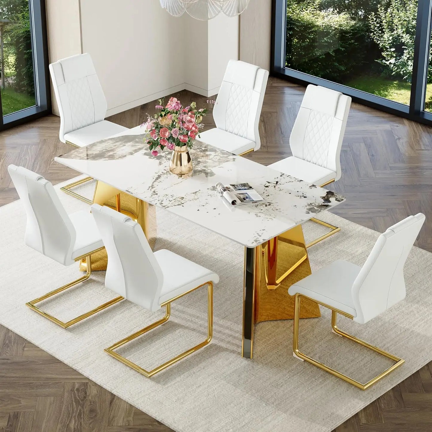 7 Pieces Dining Table Set,63" Marble Kitchen Room Table with 6 Black Chairs,Rectangle Sintered Stone Top with Gold Legs