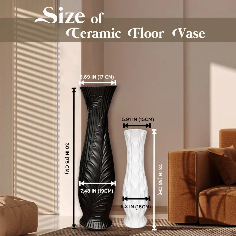 Elegant Large Black Ceramic Floor Vase, 30 Tall, Handcrafted for Home Decor, Living Room, Feather Pattern, Wide Decorative Vase