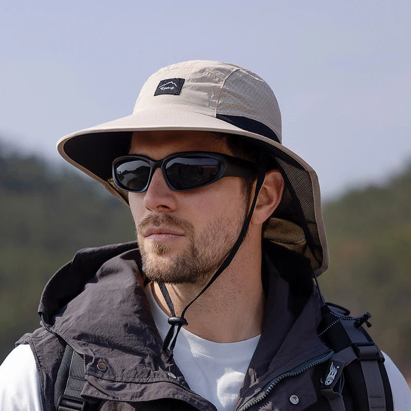 Summer Water-resistant Men's Fisherman Hats with Shawl Outdoor Hiking Fishing Breathable Wide Brim Bucket Hat Sun UV Protection