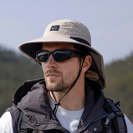Summer Water-resistant Men's Fisherman Hats with Shawl Outdoor Hiking Fishing Breathable Wide Brim Bucket Hat Sun UV Protection