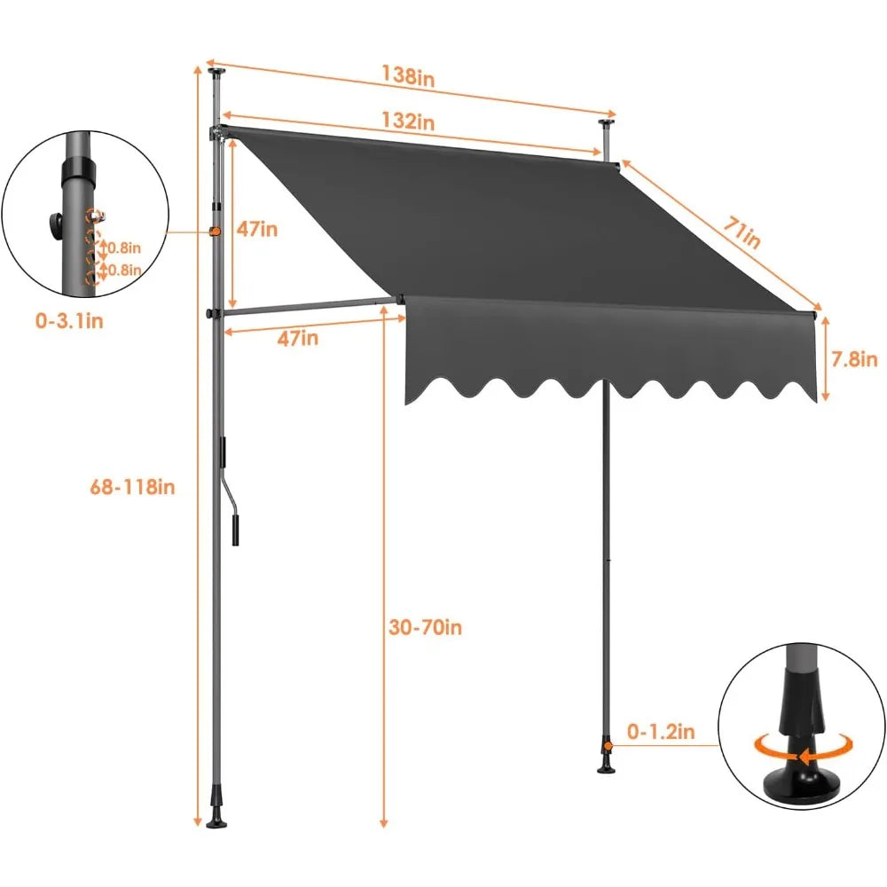 Manual Retractable Awning 138"x118", Retractable awnings for Patio, Door, or Window - No Drilling Required, Canopy