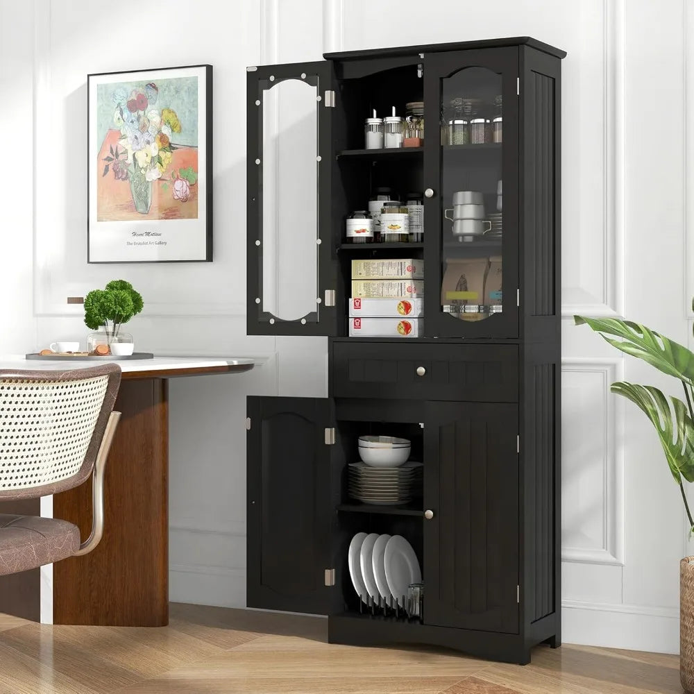 63" Tall Bathroom Storage Cabinet, Freestanding Floor Cabinet with Glass Doors and Shelves, Kitchen Pantry for Living Room, Din
