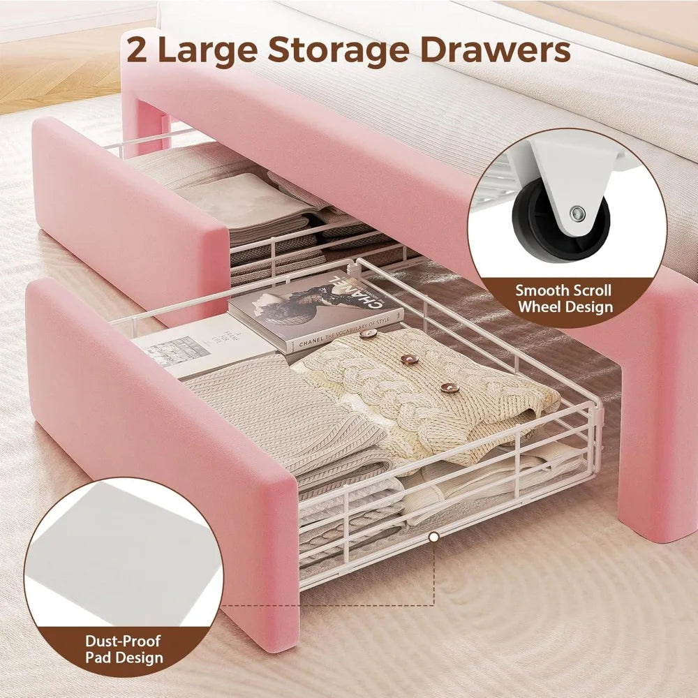 LED-Illuminated Bed Frame with Storage, Headboard & Two Drawers, Velvet Princess Bed with Vertical Tufting