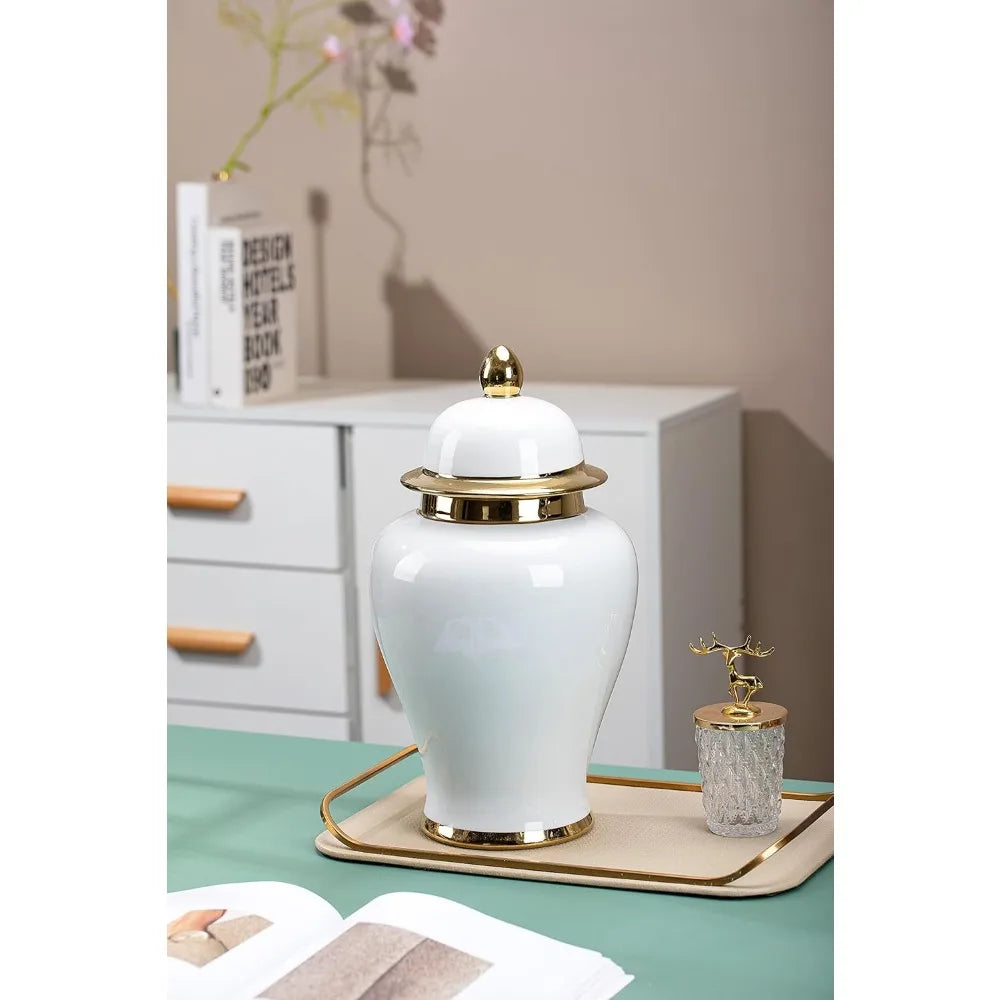 15-Inch Decorative Ginger Jar Vase with Gold Trim, Ideal for Centerpiece Table Decorations, Living Room, and Shelves