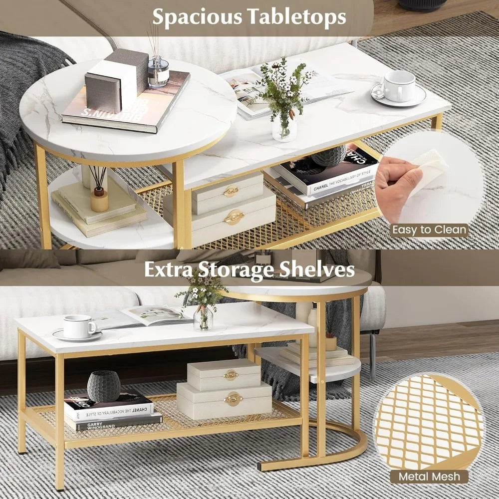 Nesting Coffee Table Set of 2, Detachable Rectangular Coffee Table & Small Round End Table Set, Faux Marble Pattern & Sturdy Me
