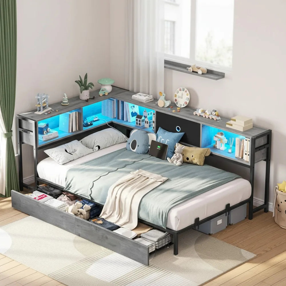 Twin Corner Bed Frame with Storage Drawers, Bookcase Headboard, Charging Station & LED Lights for Kids Teens