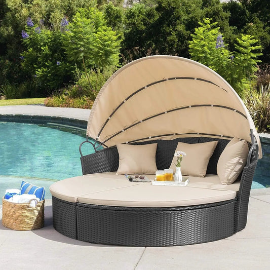 Patio Outdoor Daybed with Retractable Canopy Rattan Wicker Sectional Seating with Washable Cushions for Patio Backyard Porch Rou