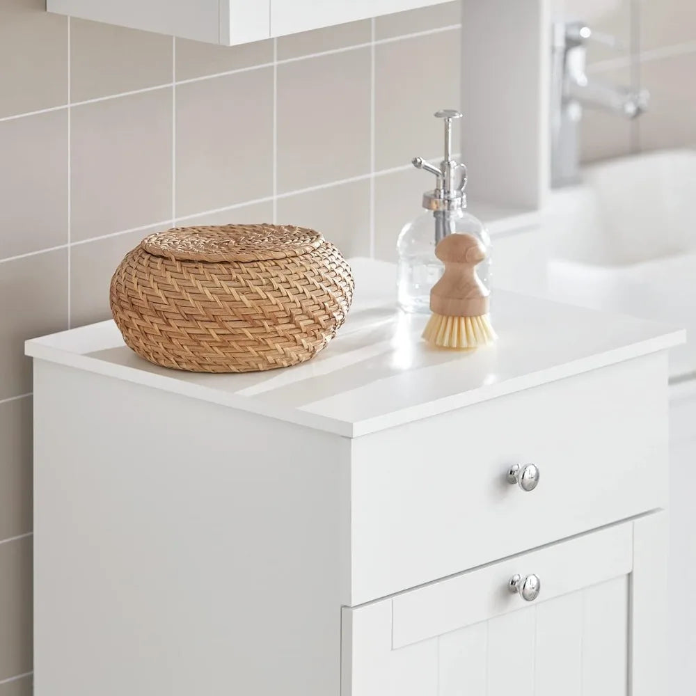 Narrow Space-Saving Tilt-Out Laundry Hamper Cabinet with Pull-Out Bathroom Storage, Shelf & Drawer for Compact Living