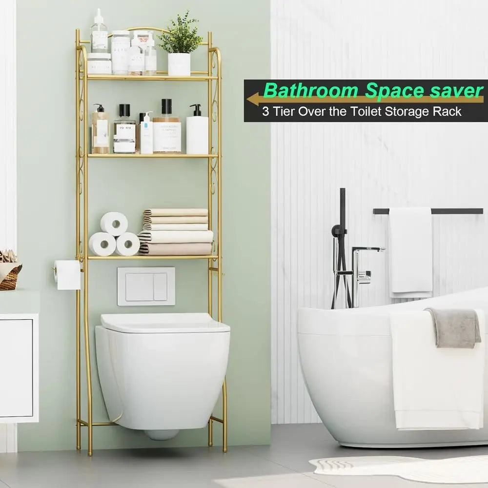 3-Tier Gold Toilet Storage Shelf, Freestanding Bathroom Organizer with Hooks, Space-Saving Over-the-Toilet Rack