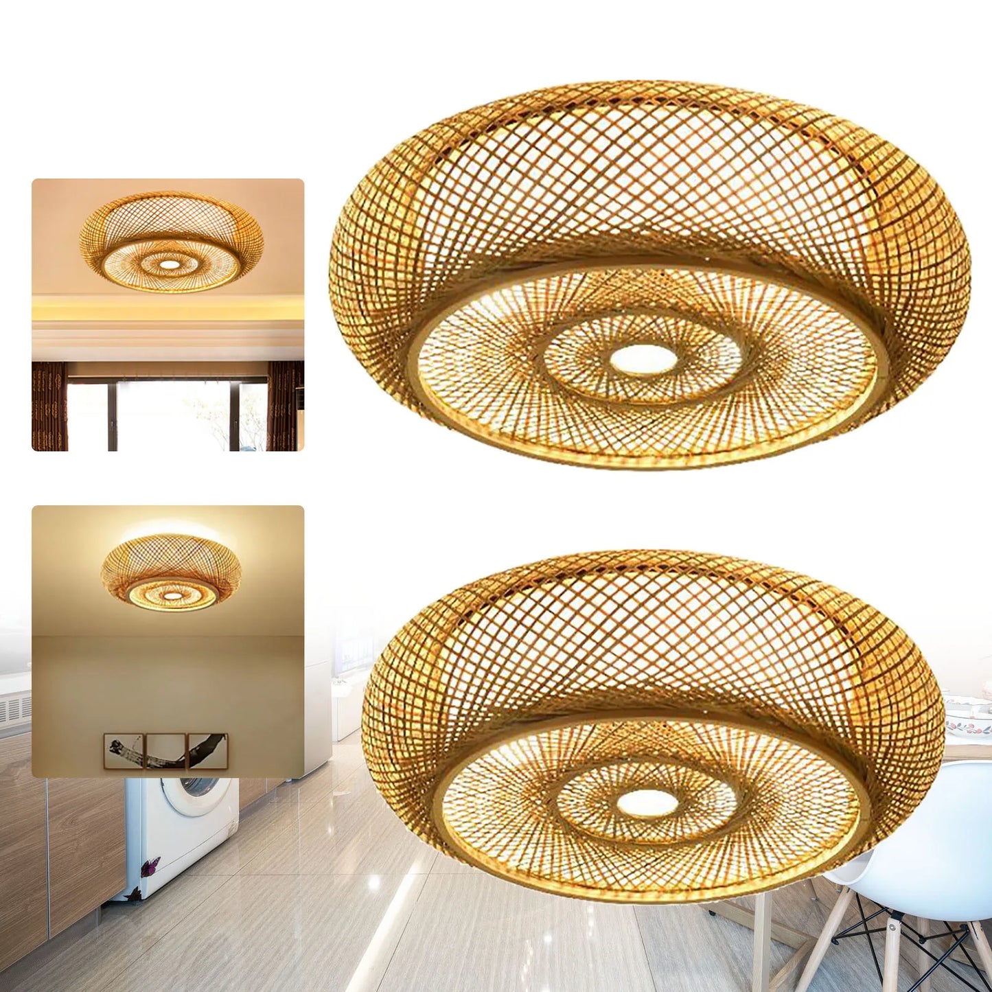 Asian Rustic Bamboo Flush Mount Ceiling Light 3-Lamp Antique Rattan Ceiling Light Weaving Lantern Lighting Fixture
