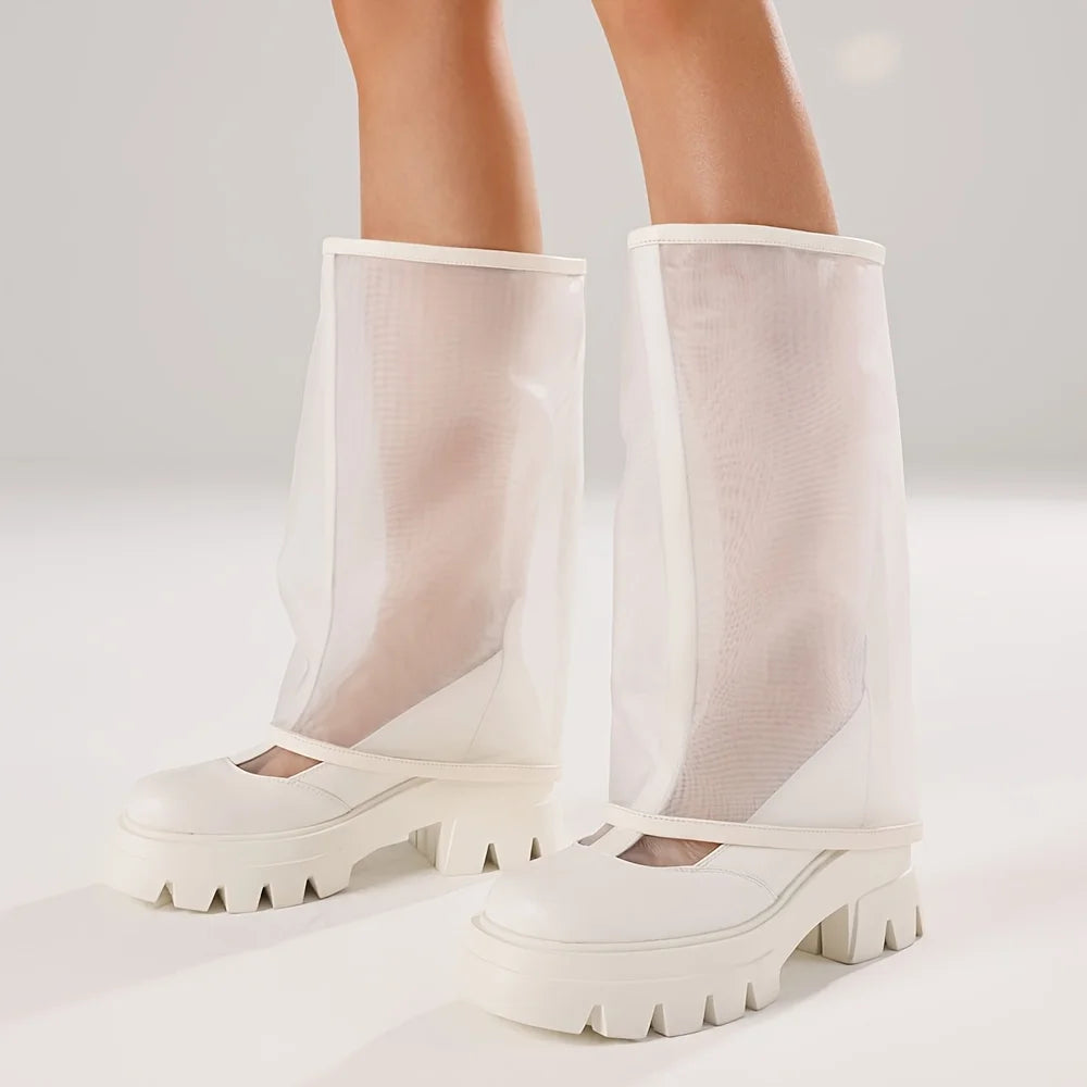 Women's Mesh Knee High Boots Fashion Platform Chunky High Heels Pull on Casual Comfy Boots Woman