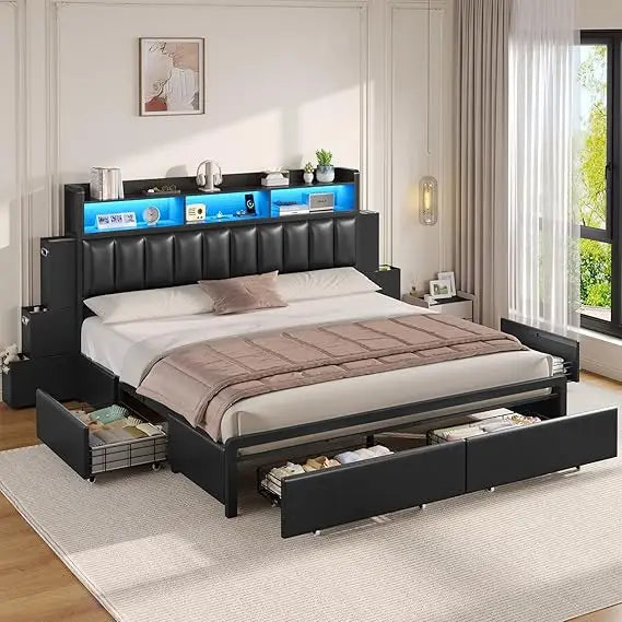 California King Bed Frame with 10 Storage Drawers, RGB LED Bookcase Headboard, and PU Upholstered Cal King Bed with Charging Sta