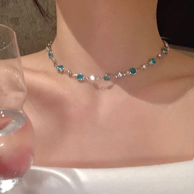 Romantic Blue Crystal Butterfly Necklace for Women Girls Simple Shiny Zircon Bilayer Choker Clavicle Chain New Fine Jewelry Gift