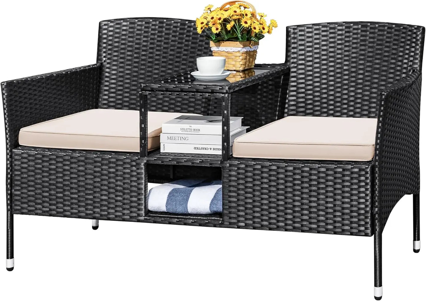 Outdoor Patio Loveseat Modern Rattan 2-Seat Patio Conversation Set with Cushions & Built-in Coffee Table Porch Furniture