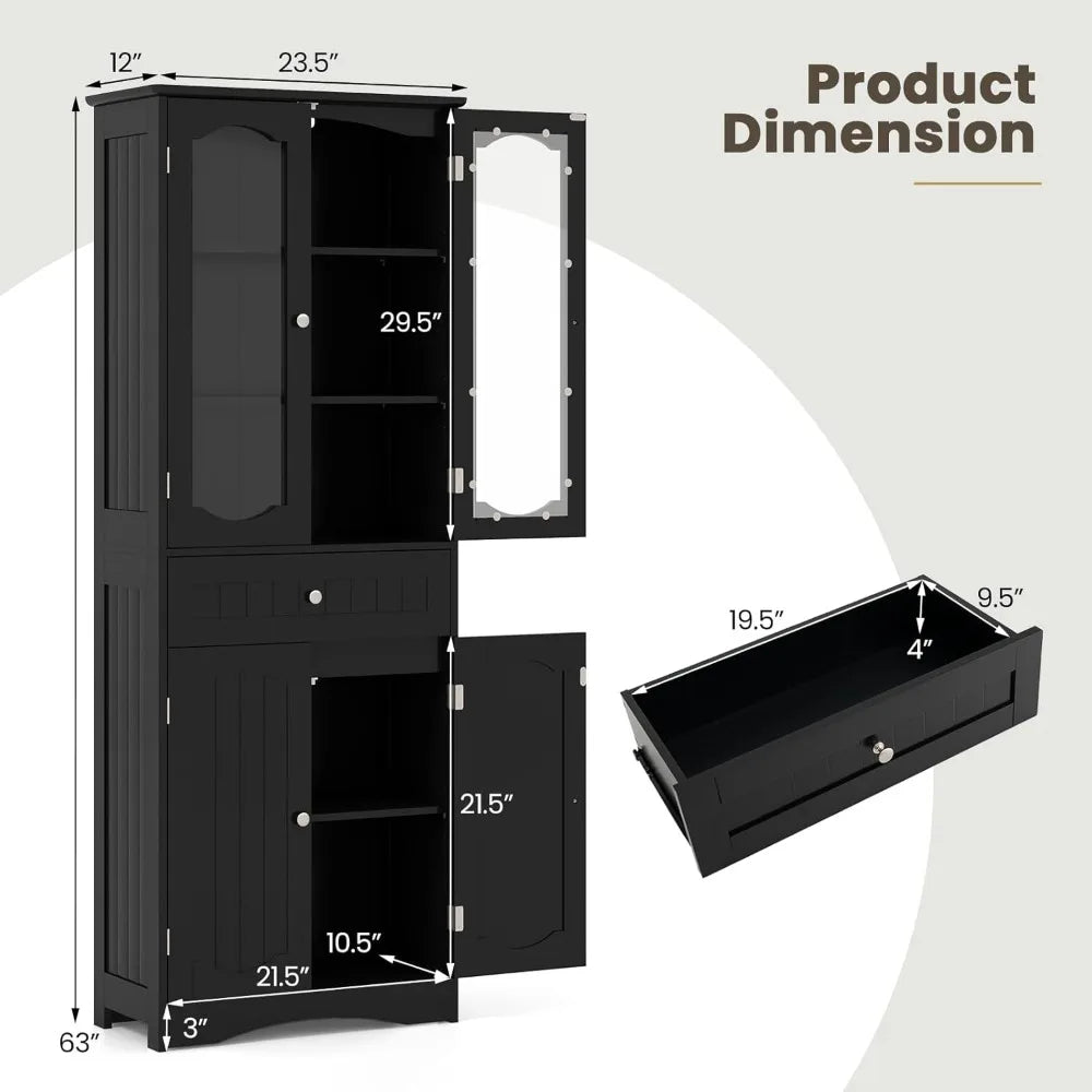 63" Tall Bathroom Storage Cabinet, Freestanding Floor Cabinet with Glass Doors and Shelves, Kitchen Pantry for Living Room, Din