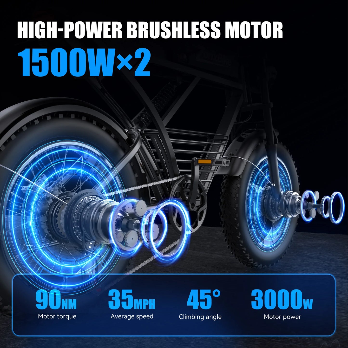 ZorixBike Electric Bike for Adults 3000W 35MPH 48V 23AH Max 80Miles Electric Motorcycle 20" Fat Tire Bike Shamano 7-Speed EBike