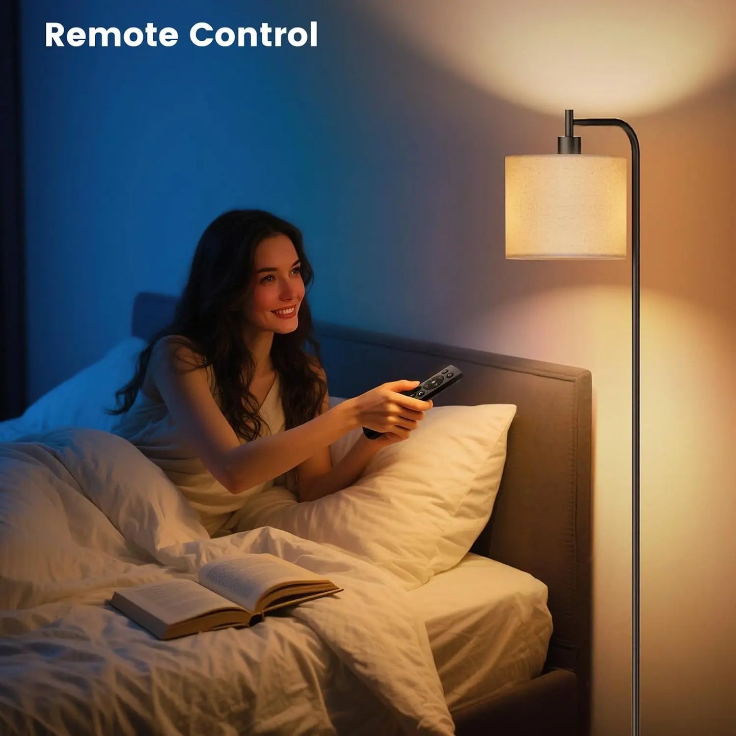 Dimmable Floor Lamp with Linen Shade, Remote Control, 3 Color Temperatures, Modern Standing Lamp for Living Room Bedroom Office,