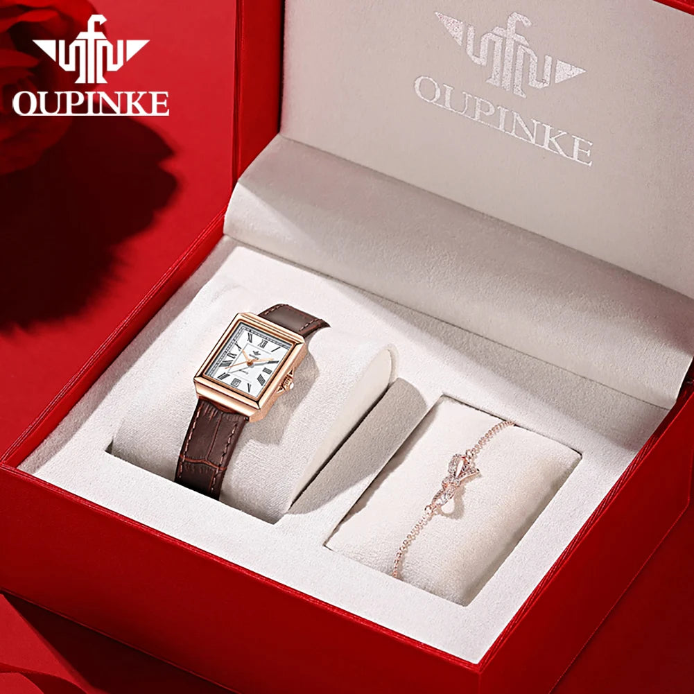 OUPINKE 3182 Simple Womens Watches Elegant Rectangular Dial Quartz Watch Leather strap Date Waterproof Original Lady Wristwatch