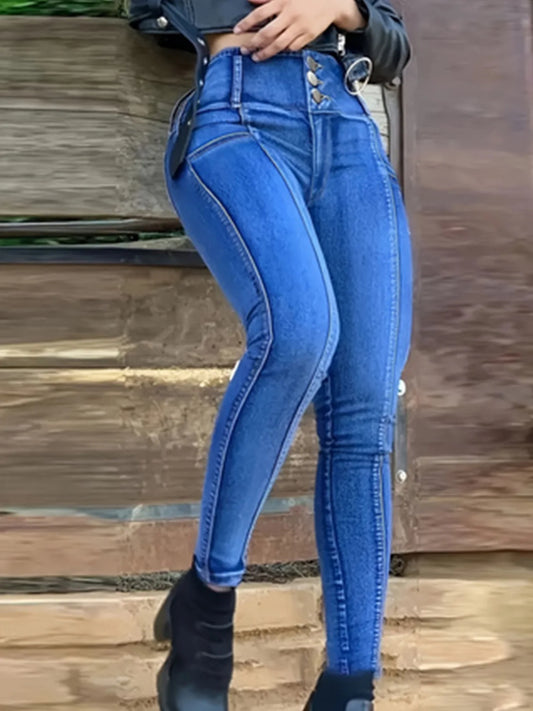 Ladies high-waisted single-button hip-lifting slim-fit pencil-leg motorcycle fashion jeans in royal blue