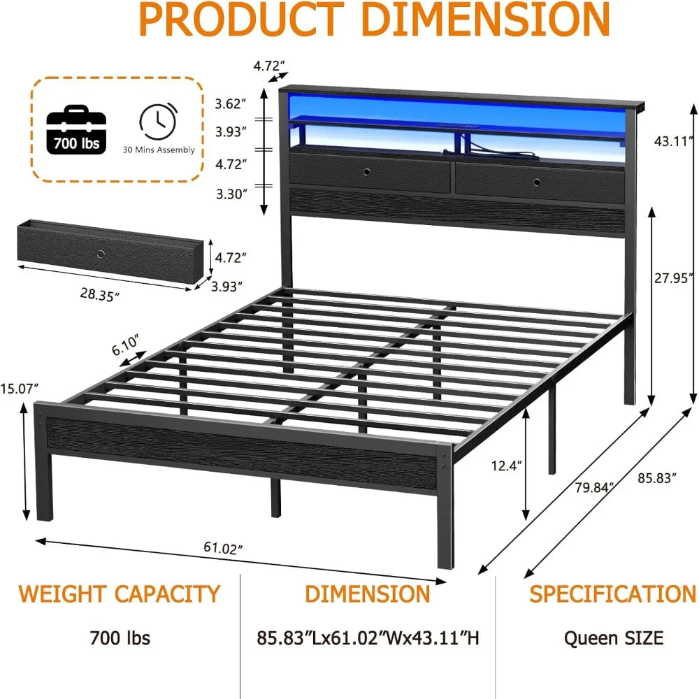 Furnulem Queen Bed Frame with Headboard & 2 Fabric Drawers, Bed Frame Queen Size Featuring LED Lights, Built-in Charging Station