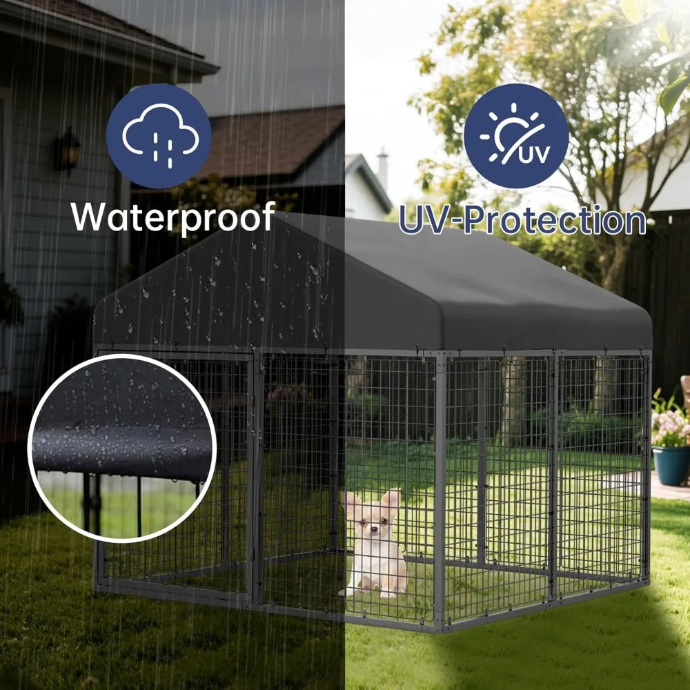 Sturdy Outdoor Dog Enclosure with Roof and Double Locks - Galvanized Steel Kennel Fence (79W x 79D)