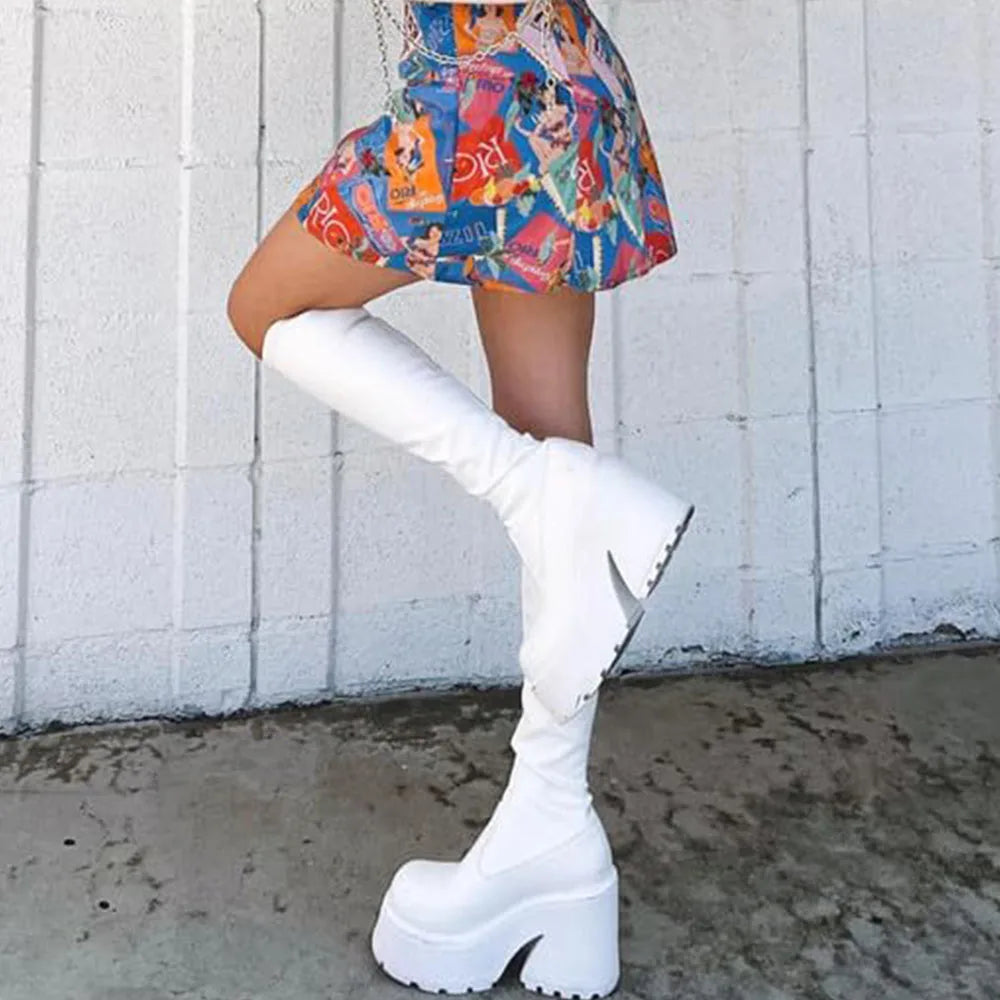 DoraTasia Fashion Round Toe Chunky Heel Women's Stretch Boots INS Punk Street Snap Motorcycle Nightclub  Winter Shoes Woman