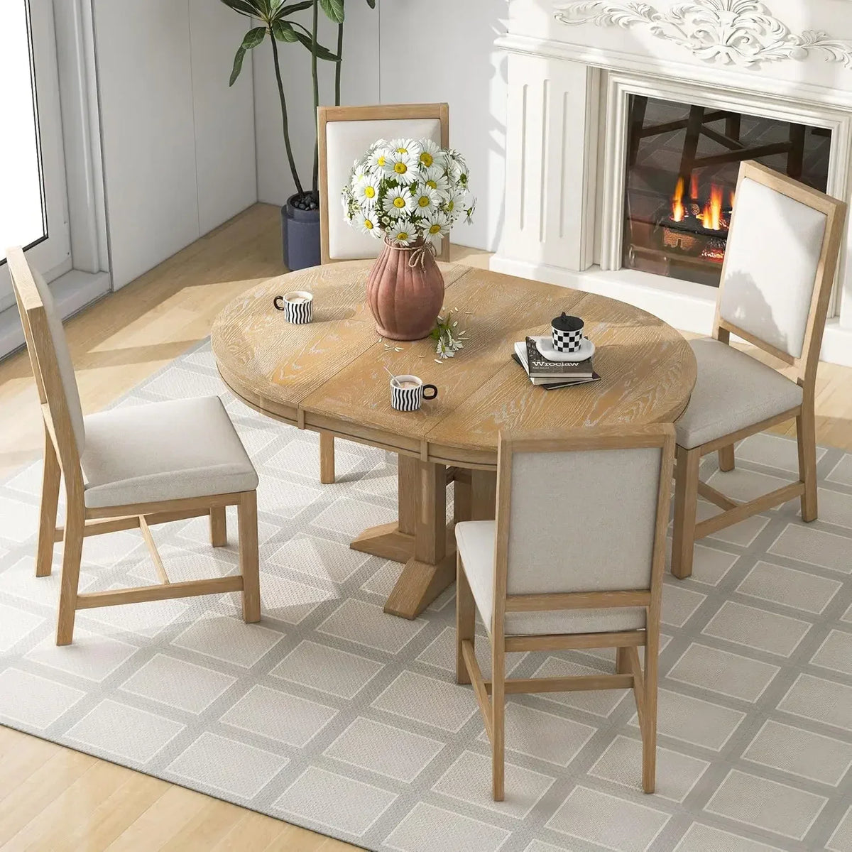 （XMSJ-Hot）5-Piece Farmhouse Round Dining Table Set with Extendable Round Table and 4 Upholstered Chairs, Compact Table Set for K