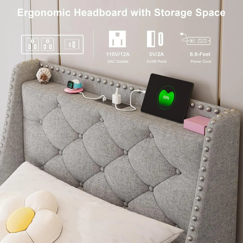 Twin Bed Frame with Upholstered Storage Headboard, Button Tufted Wingback Design, Fast Charging Station Included