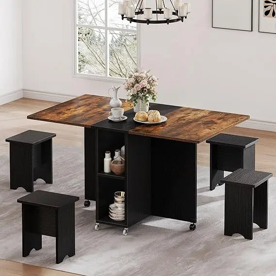 "5-piece drop leaf extendable dining table set with 4 chairs for 4 people, 55-inch wooden kitchen dining room furniture"