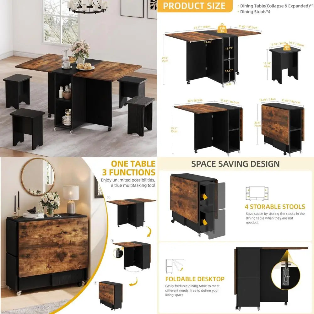 "5-piece drop leaf extendable dining table set with 4 chairs for 4 people, 55-inch wooden kitchen dining room furniture"