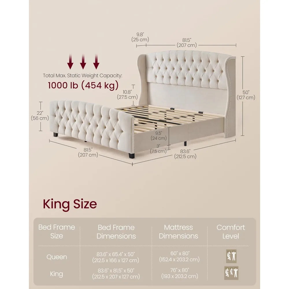 King Size Upholstered Platform Bed Frame with Tall Wingback Tufted Headboard and Footboard