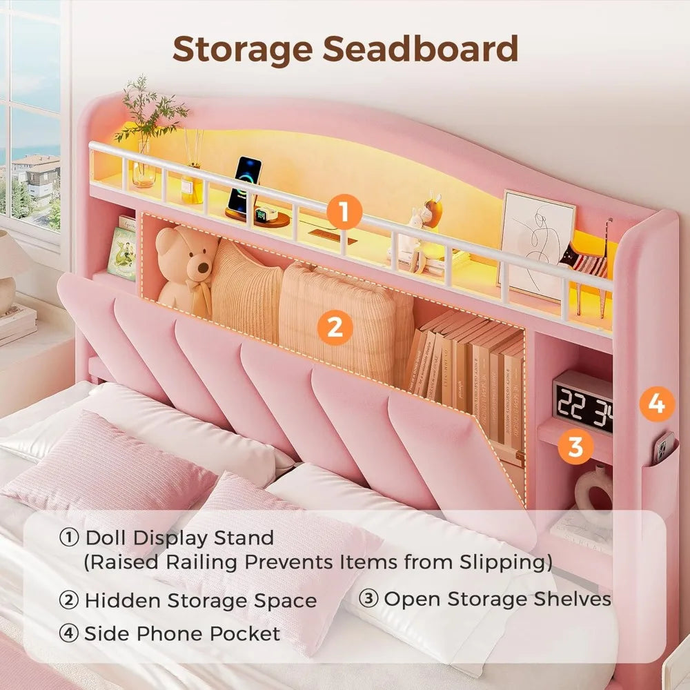 LED-Illuminated Bed Frame with Storage, Headboard & Two Drawers, Velvet Princess Bed with Vertical Tufting