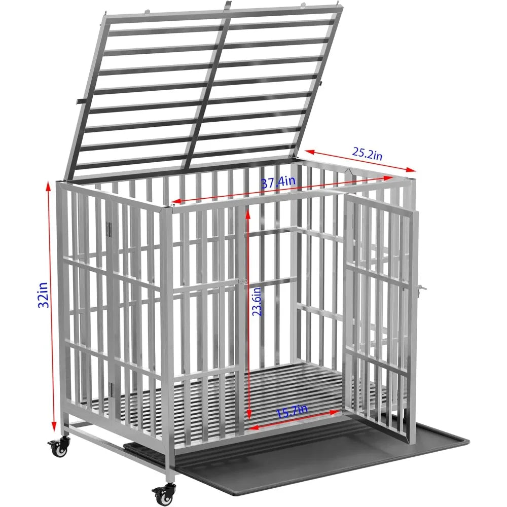 37" 42" 48" heavy duty dog cage stainless steel metal kennel and crate, collapsible for medium to large dogs, easy to assemble p