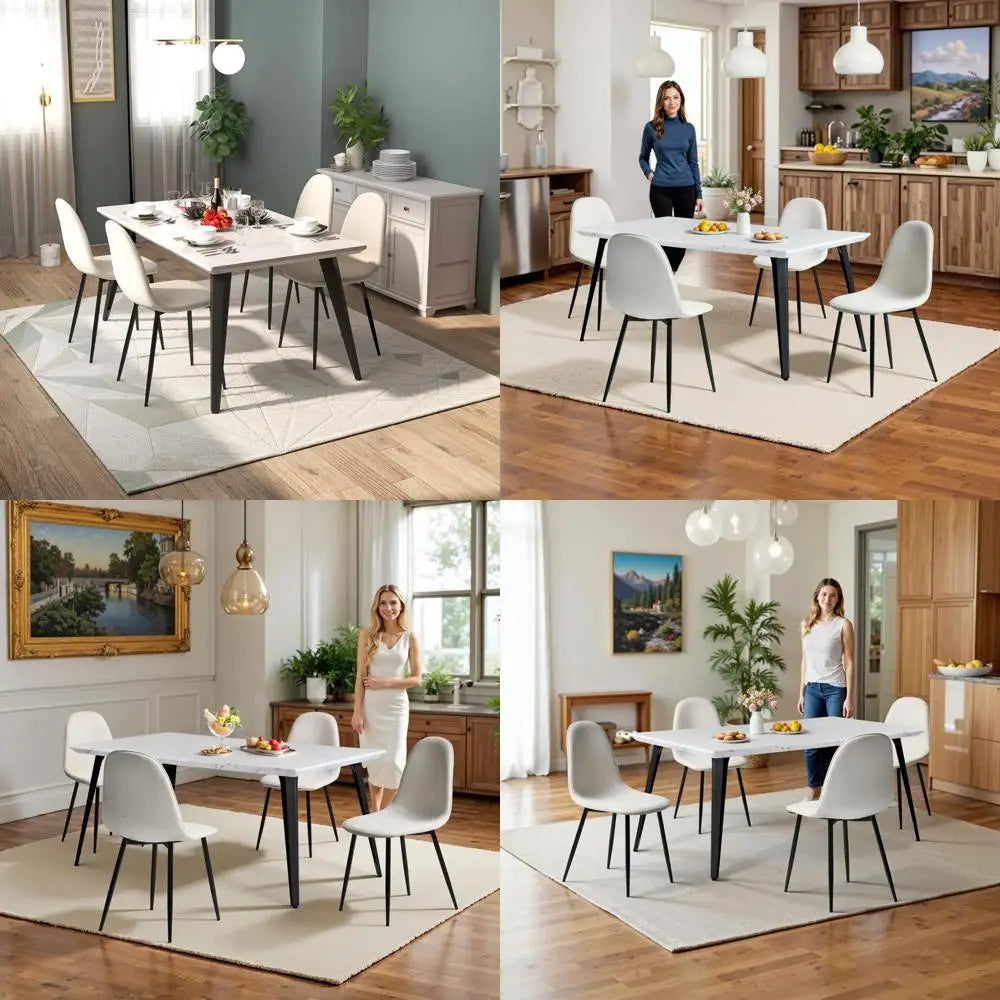 Mid-Century Modern 5-Piece Dining Set - Rectangular Table with 4 Fabric Chairs, Metal Frame, Durable PE Material for Stylish Din