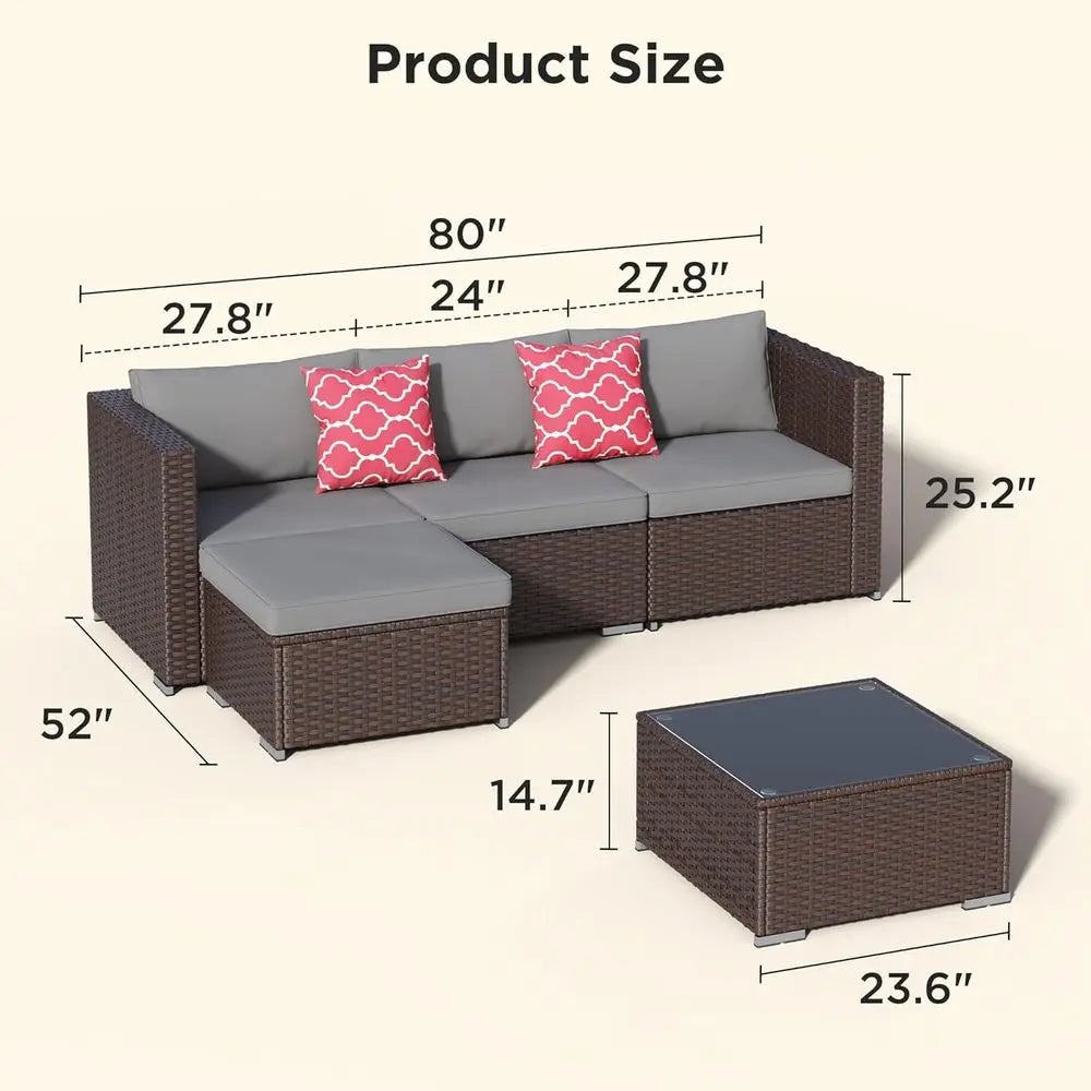 All-Weather Grey Outdoor Wicker Patio Sectional Set with Cushions and Glass Table