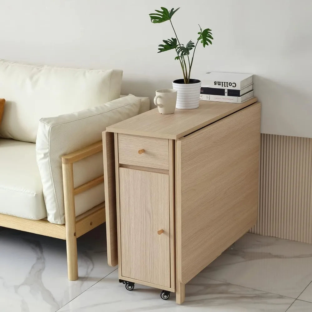 Folding Dining Table with Drop Leaves, Two Drawers, and Four Wheels for Space-Saving in Farmhouse-Style Living and Kitchen Areas