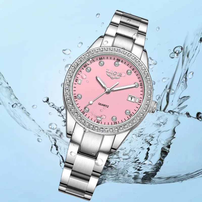 LIGE Top Brand Luxury Quartz Watches for Woman Retro Fashion Simple Elegant Calendar Casual Waterproof Diamond Women Wristwatch
