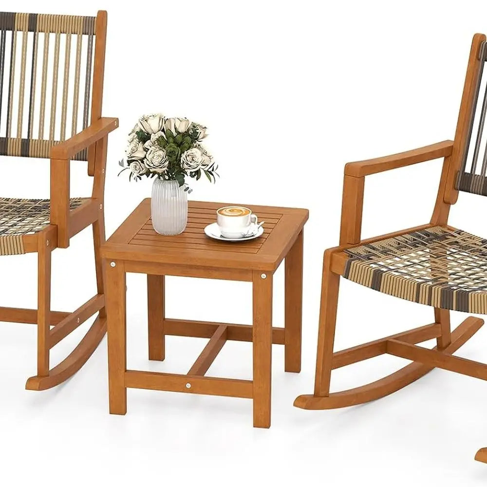 3-Piece Outdoor Patio Rocking Set with PE Rattan Chairs and Acacia Wood Coffee Table for Balcony, Garden, and Poolside