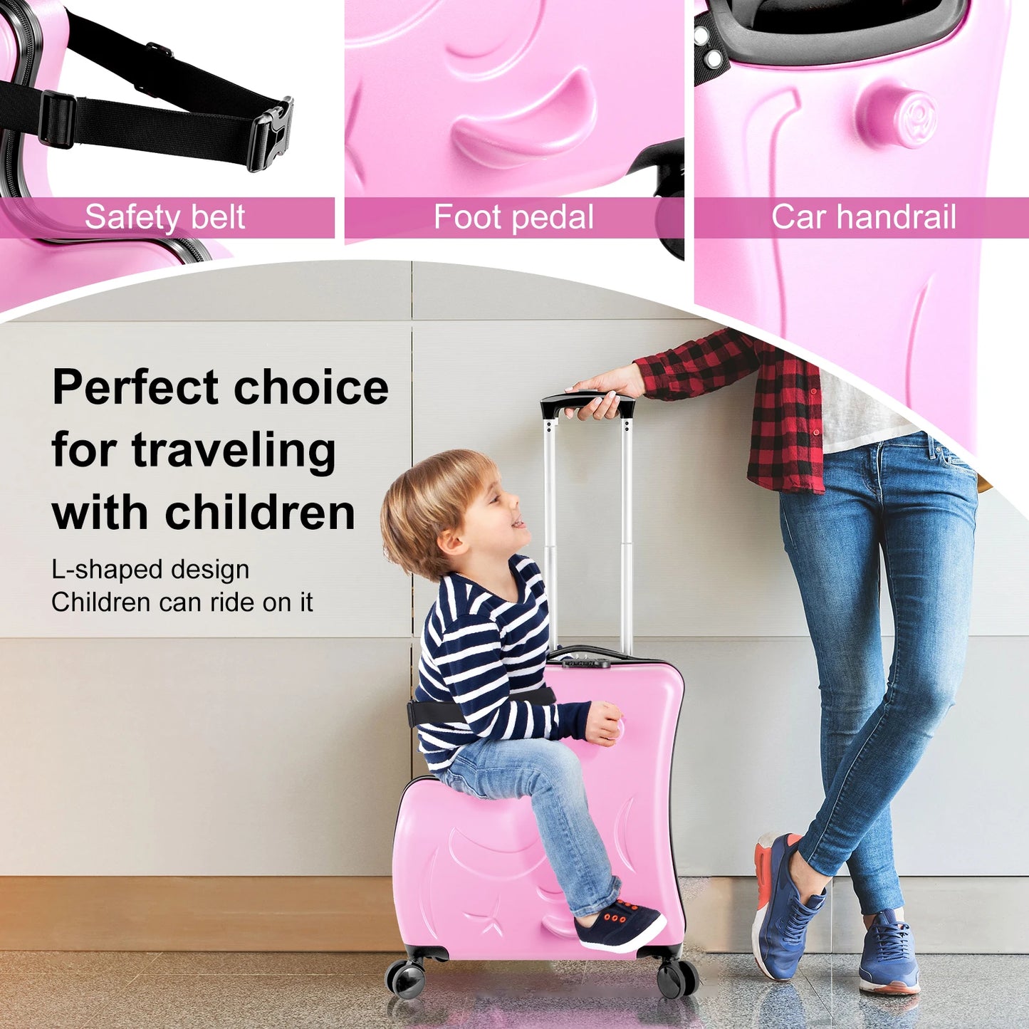 Kids Ride on Luggage Toddler Luggage Seat Ride on Kids Travel Suitcase with Safety Belt,Wheels for Toddler Airplane Travel pink