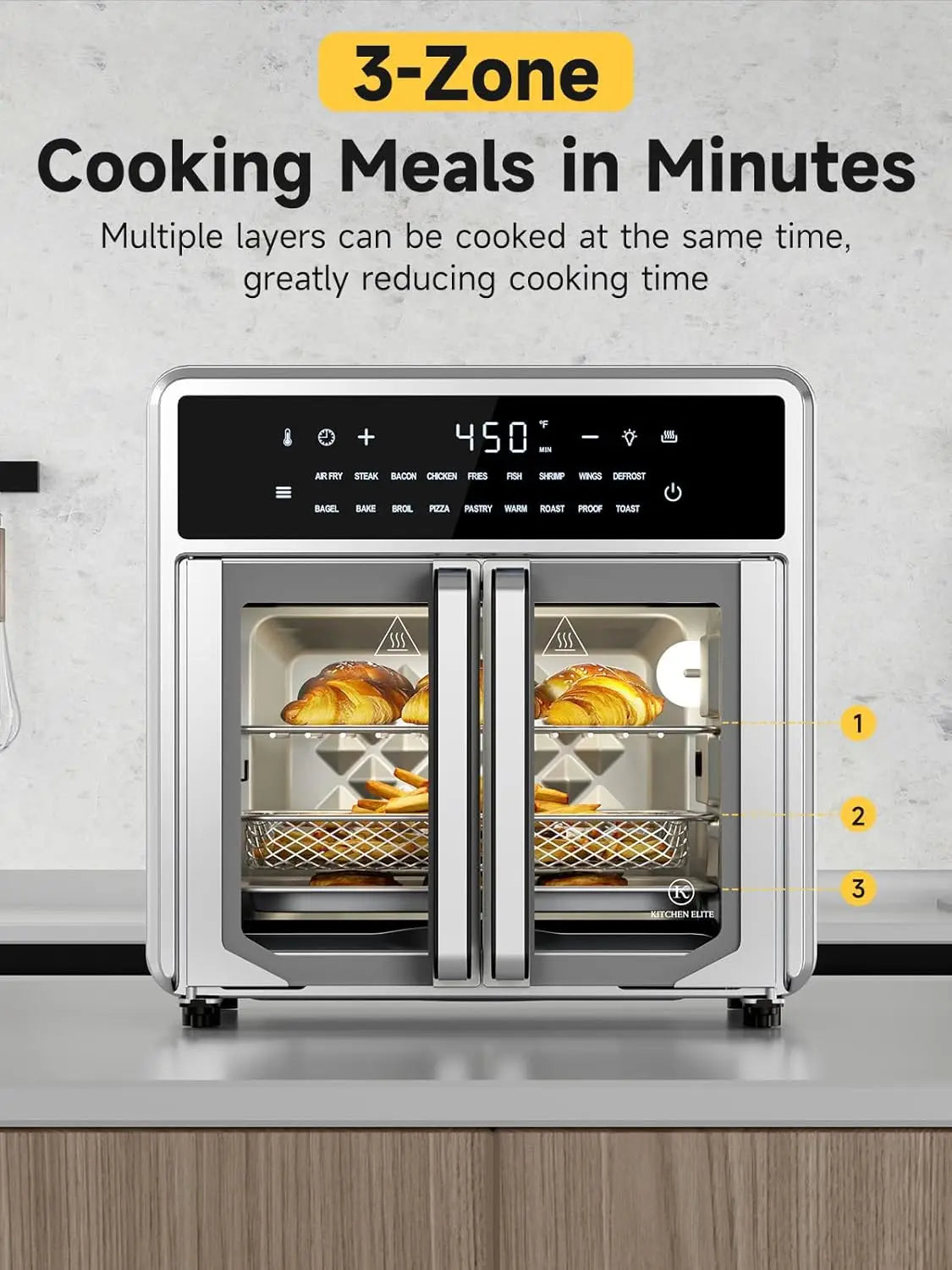 Air Fryer French Door Oven, 15.8 Qt, 18 Presets, Stainless Steel, Compact Toaster Oven Combo