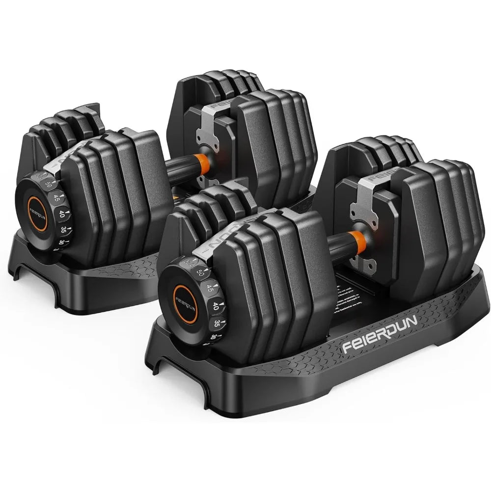 Feierdun 15-in-1 Adjustable Dumbbells, 5 to 52.5 Pounds, with Quick-Change Weight System, Non-Slip Grips, and Traction Handles